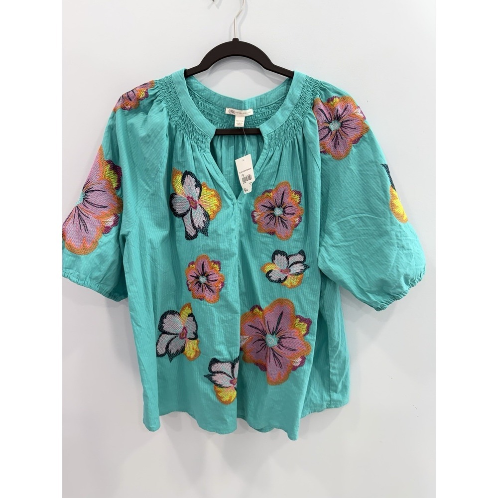 Cato Floral Embroidered Blouse 18/20W Aqua Cotton Split Neck Boho NWT Plus